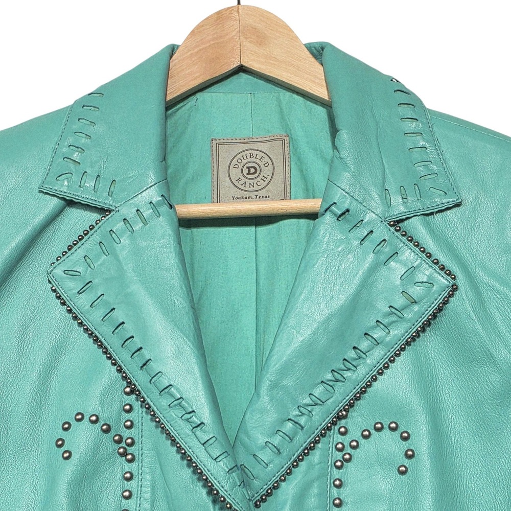 Double D Ranch Studded Whipstitch Leather Jacket Womens M Teal Blue Western